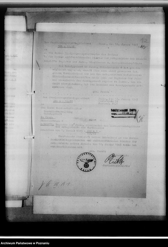 Obraz 16 z jednostki "Einziehung von Zweitbüchern. Schriftwechsel mit dem O.L.G und andere [korespondencja z władzami sądowymi w Poznaniu, spis sądów w okręgu poznańskim od 1941 roku]"