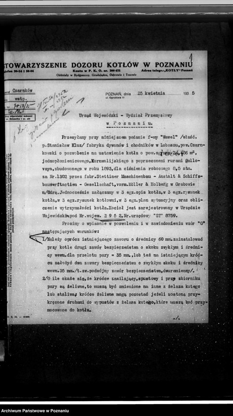 Obraz 4 z jednostki "Fabryka dywanów i chodników w Lubaszu pow. czarnkowski - St. Kluz nr fabryczny kotła 3102 nr woj. kotła 2952"