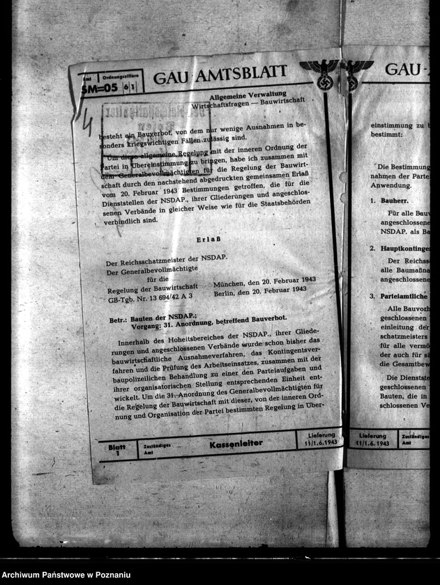 Obraz 8 z jednostki "Betriebsstoffzuteilungen für Kraftfahrzeuge. Regelung der Bauwirtschaft. Bauverbot. Lückenbebauung Posen. Behelfsbauten für Molkereien."