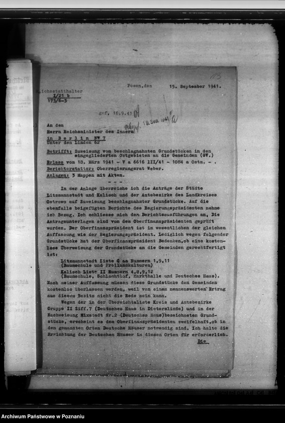 Obraz 17 z jednostki "Zuweisung der beschlagnahmten Grundstücke an diwe Gemeinden. Lehrlingsheim in der Ostgebieten"