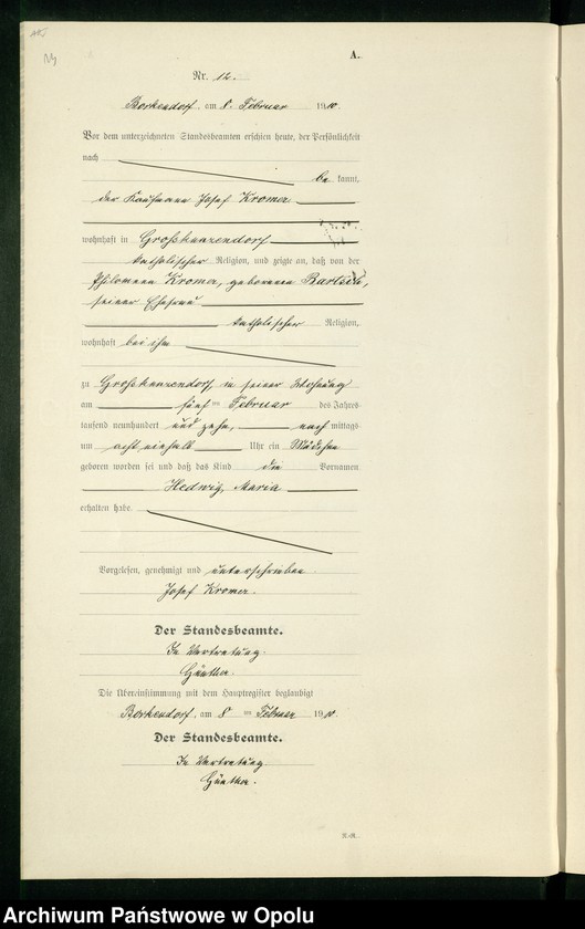 image.from.unit.number "Geburts-Register (Neben-Register) Standesamt Borkendorf 1910 No. 1 bis 60."