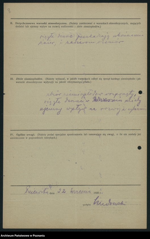 Obraz 10 z jednostki "[Sprawozdanie o stanie i zbiorze ziemiopłodów w miesiącach wrześniu i październiku 1920 w poszczególnych powiatach]"