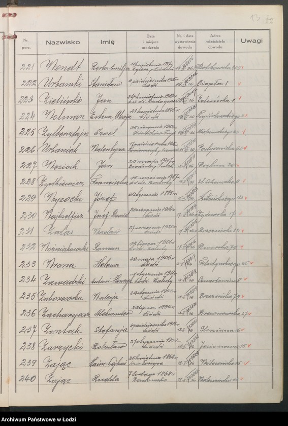 Obraz 15 z jednostki "Ewidencja dowodów osobistych wydanych przez Zarząd Miejski w Łodzi, zespół nr 8 [- nazwiska na litery] U, W, Z, Ż"