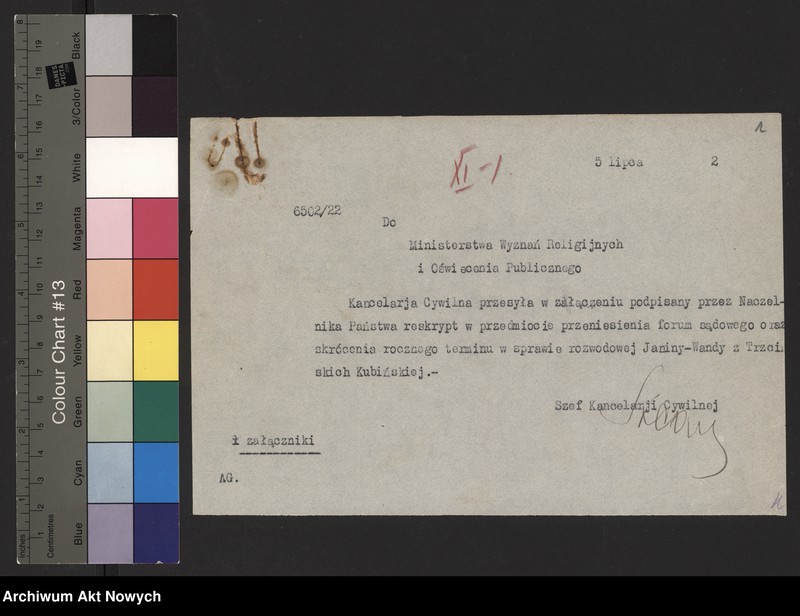 image.from.unit.number "Przeniesienie forum sądowego spraw rozwodowych do Sądów Konsystorskich Ewangelicko - Augsburskiego i Ewangelicko - Reformowanego oraz skrócenie rocznego terminu zapozwu w sprawach rozwodowych, rozpatrywanych przed najwyższymi sądami. Reskrypty Naczelnika Państwa, wnioski, korespondencja z Min. Wyznań Religijnych i Oświecenia Publicznego"