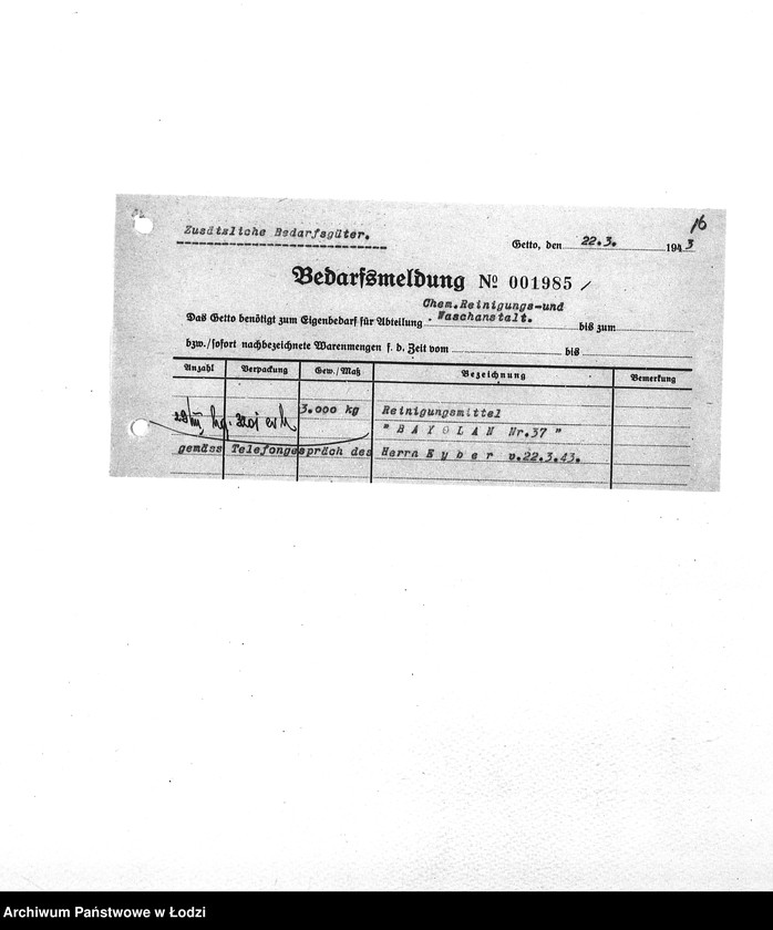 Obraz 19 z jednostki "Bedarfsmeldungen [Skierowane do GV zapotrzebowania na surowce, materiały, narzędzia, maszyny itp. potrzebne resortom pracy do produkcji; zamówienia żywności, lekarstw]"