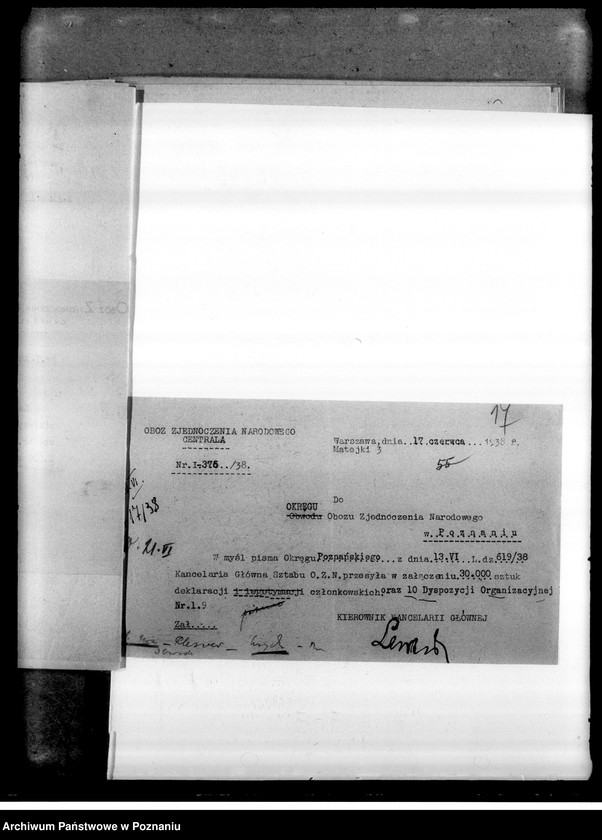 Obraz 20 z jednostki "Materiały programowe Obozu Zjednoczenia Narodowego - odezwy, korespondencja w sprawach organizacyjnych i personalnych"