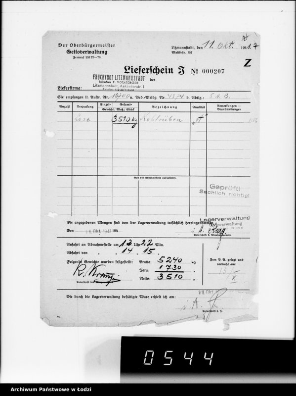 Obraz 11 z jednostki "Aufträge 5734-10700 [Faktury, listy przewozowe na dostarczone dla Getta produkty żywnościowe, materiały opałowe, przemysłowe]"