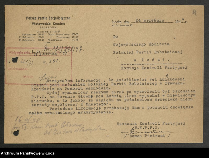 Obraz 5 z jednostki "Akta dotyczące spraw członków partii A, B, C, D, G, I, K"