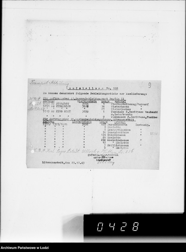 Obraz 13 z jednostki "Aufstellungen. Es kommen demnächst folgende Bekleidungsstücke zur Auslieferung"