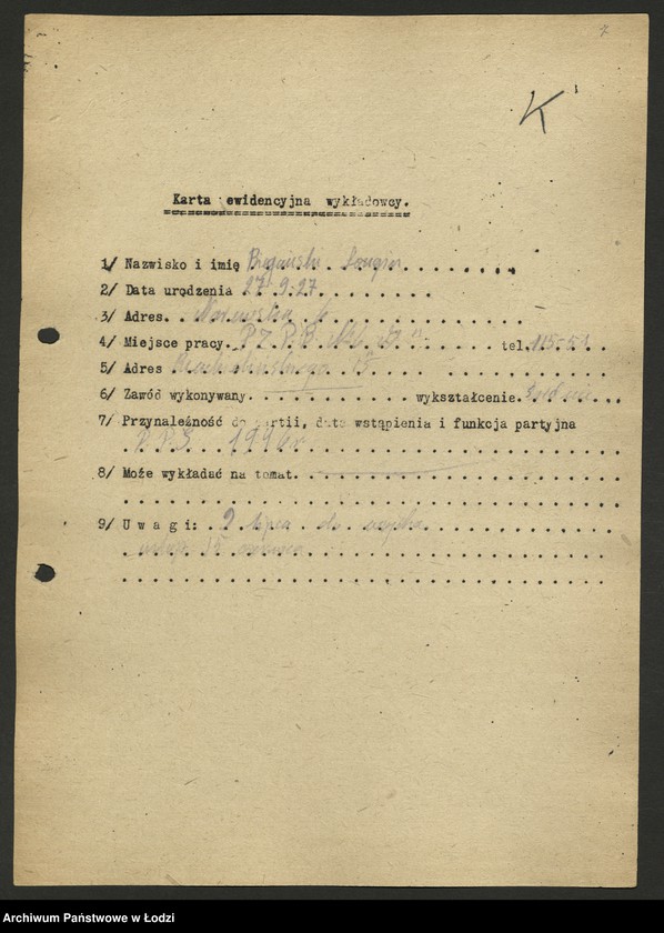 Obraz 8 z jednostki "Karty ewidencyjne wykładowców szkoły partyjnej /A-Z/"