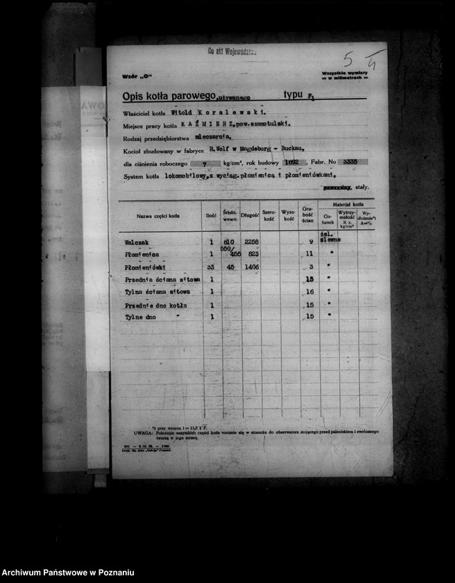 Obraz 9 z jednostki "Mleczarnia w Kaźmierzu powiat szamotulski nr woj. kotła 3499 własność W. Koralewskiego"