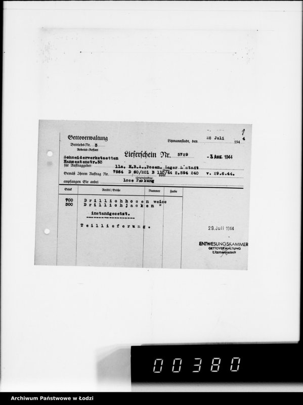 Obraz 5 z jednostki "[Dowody dostawy odzieży dla intendentury wojskowej w Poznaniu] Heeresbekleidungsamt Posen"