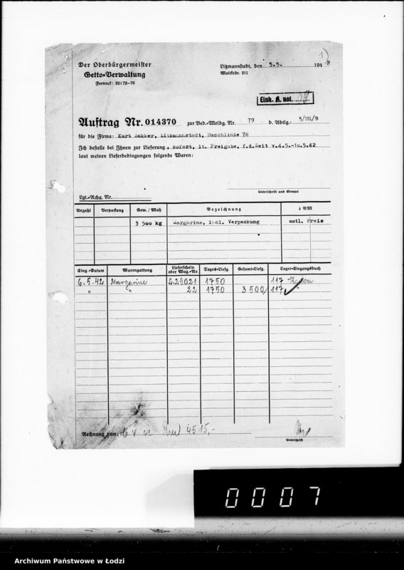 Obraz 5 z jednostki "Aufträge [Lieferscheinen und Rechnungen] 13800-13850.[i od 14351 do 14370]. [Dostawa artykułów pierwszej potrzeby do Getta]"