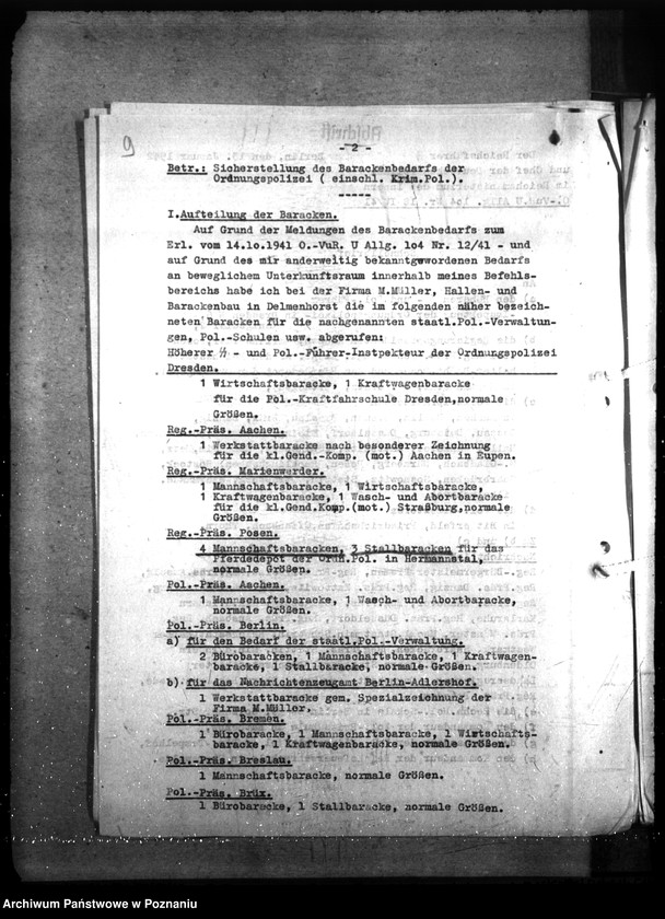 Obraz 13 z jednostki "Barackenbedarf der Ordnungspolizei - Posen: 1) Kraftwagenbaracke, 2) 2 Gefängnisbarakken, 3) 3 Baracke für Kaserne, 4) 7 - 1 Backere für Hermannstal"