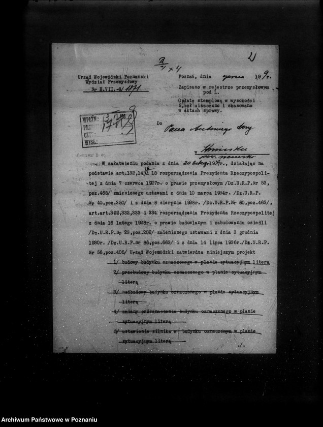 Obraz 6 z jednostki "Zatwierdzenie projektu zakładu przemysłowego /młyna motorowego/ A. Dary w Krosinku powiat śremski"