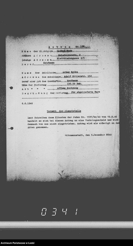 Obraz 6 z jednostki "J.196-210 [Wnioski Żydów w Getcie o zwrot długów za wzięty na kredyt towar przez kupujących]"