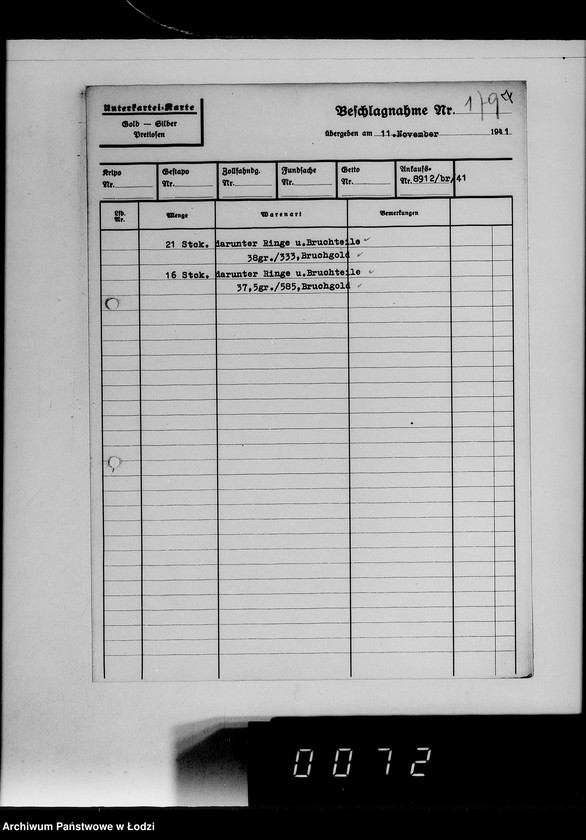 Obraz 11 z jednostki "Ankauf vom J.A.[Kartoteka dostaw skonfiskowanych kosztowności]"