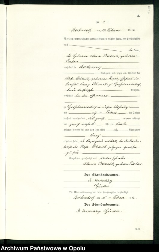 Obraz 12 z jednostki "Geburts-Register (Neben-Register) Standesamt Borkendorf 1912 No. 1 bis 73."