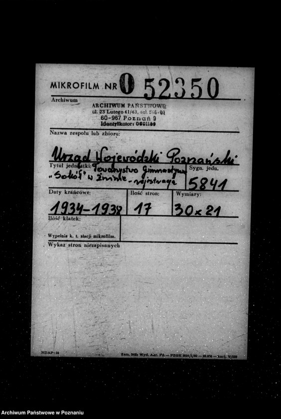 Obraz 2 z jednostki "/Towarzystwo Gimnastyczne „Sokół" w Żninie - rejestracja/"