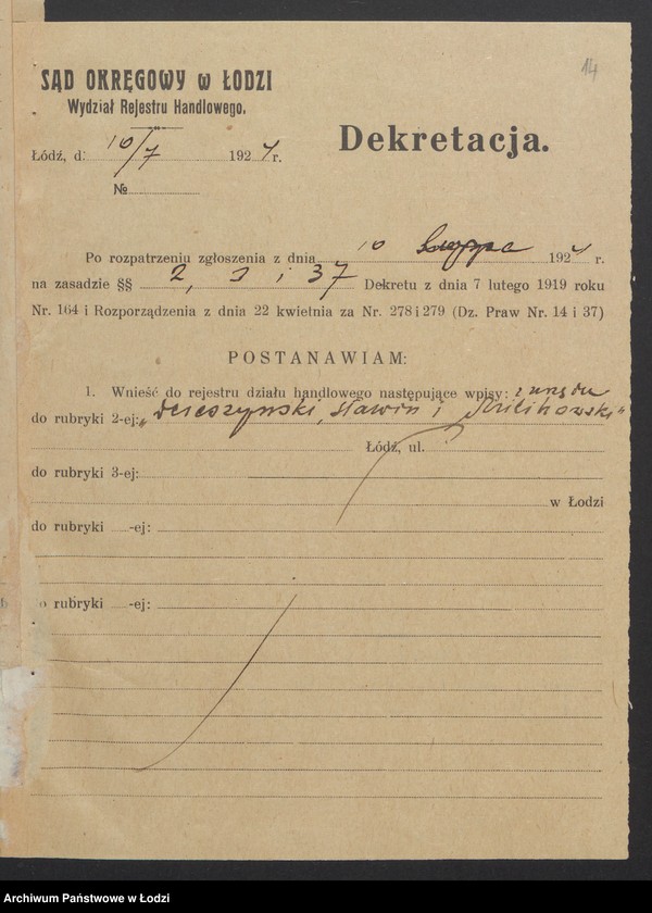 Obraz 16 z jednostki "Dereczyński, Sławin, Milikowski – sprzedaż towarów manufakturowych"