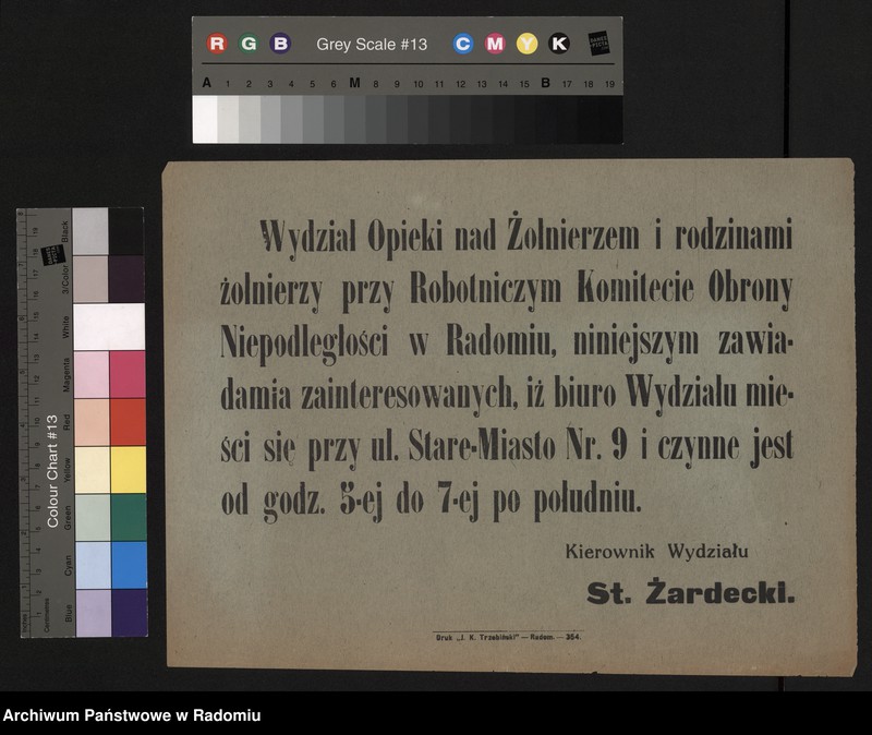 Obraz z jednostki "Zawiadomienie o funkcjonowaniu Wydziału Opieki nad Żołnierzem i rodzinami żołnierzy przy Robotniczym Komitecie Obrony Niepodległości w Radomiu. Podpisano: kierownik Wydziału: St. Żardecki"