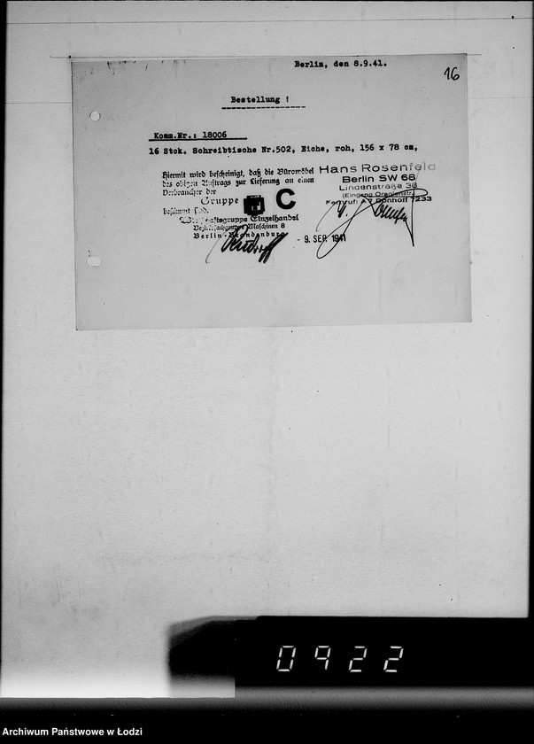 Obraz 20 z jednostki "Korrespondenz Firma Hans Rosenfeld-Büromebel mit Getto-Verwaltung betr.Büromebel"