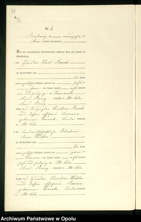 Obraz 15 z jednostki "Heiraths-Neben-Register Standes-Amt Riebnig 1900"
