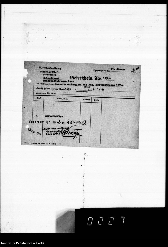 Obraz 12 z jednostki "Warenverwertung an den Ältesten der Juden 4 kompl.Gardinen [oraz konfekcji]"