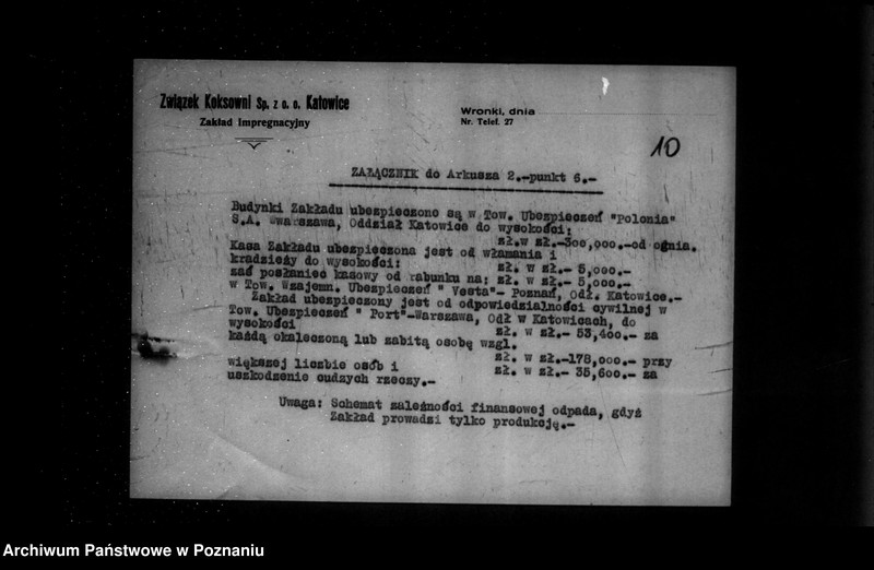 Obraz 13 z jednostki "Kwestionariusz Zakładu impregnacyjnego związku koksowni Spółka z o. o. w Katowicach Wronki powiat szamotulski"