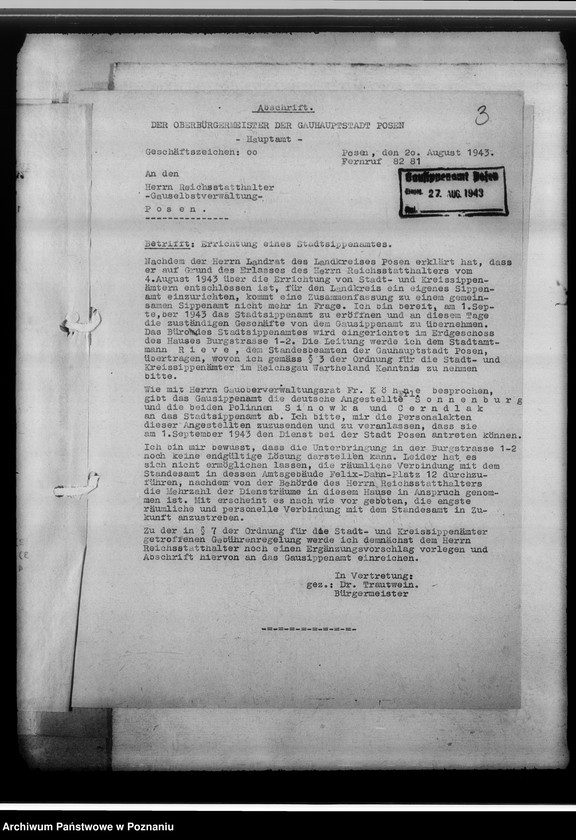 Obraz 8 z jednostki "[Korespondencja w sprawach organizacyjnych, uwagi powizytacyjne], Stadtsippenamt Posen [Poznań]"