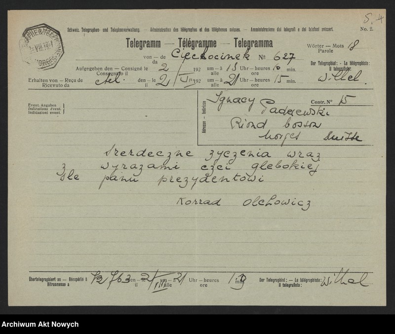 image.from.unit.number "Olchowicz Konrad (redaktor naczelny "Kuriera Warszawskiego"); Załączniki: telegramy do M. Borzęckiego i J. Piątkowskiej - Lübke; L.24 (odpowiedzi - rękopisy, maszynopisy)"