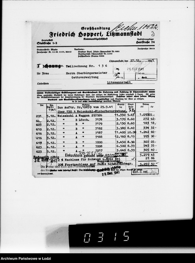 Obraz 9 z jednostki "fa.Hoppert. Rechnungen und Belege [za dostawy towarów dla Getta]"