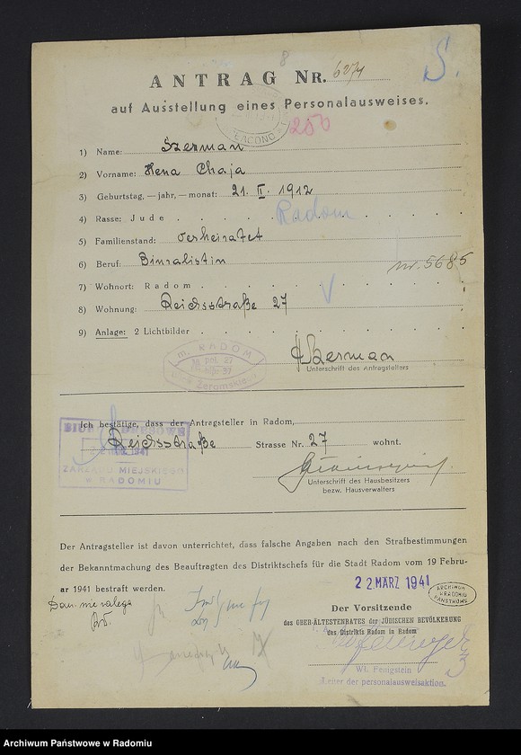 image.from.unit.number "[Wnioski o wydanie dowodów osobistych oraz nie odebrane dowody Szerman Fajwel - Szmajer]"