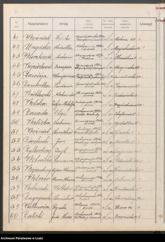 Obraz 6 z jednostki "Ewidencja dowodów osobistych wydanych przez Zarząd Miejski w Łodzi, zespół nr 8 [- nazwiska na litery] U, W, Z, Ż"