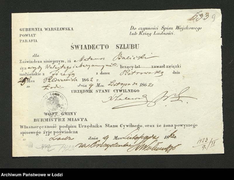 Obraz 11 z jednostki "Dowody metrykalne stałych mieszkańców m. Łodzi nr domu 1423-1424"