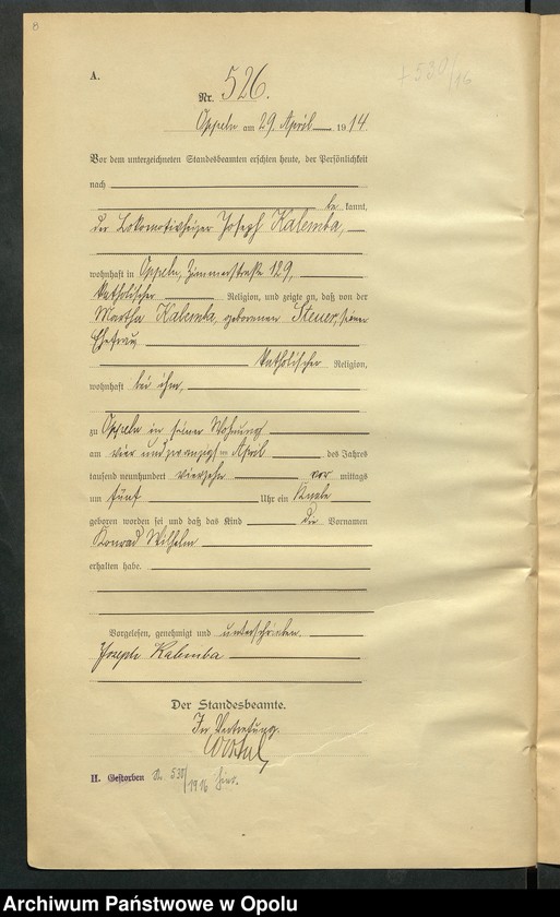 Obraz 12 z jednostki "Urząd Stanu Cywilnego Opole Księga Urodzeń Rok 1914 520-1033"