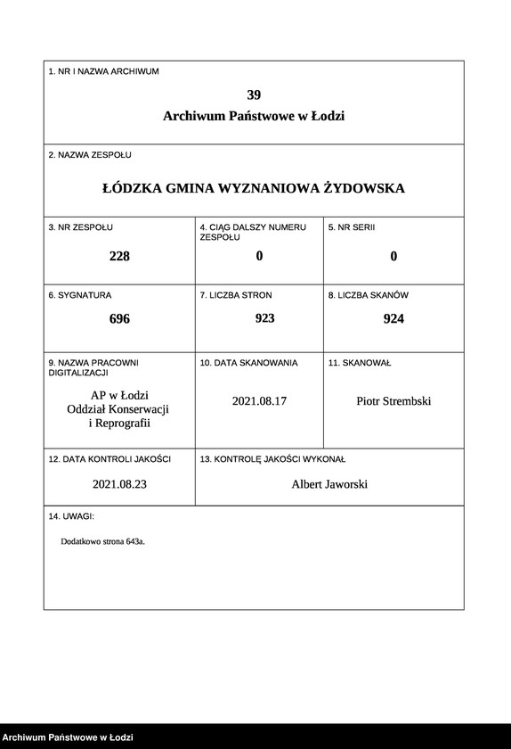 Obraz 1 z jednostki "Kartoteka osób pochowanych na cmentarzu żydowskim przy ulicy Brackiej w latach 1892-1955. Nazwiska na litery: Gl-Goldbe"