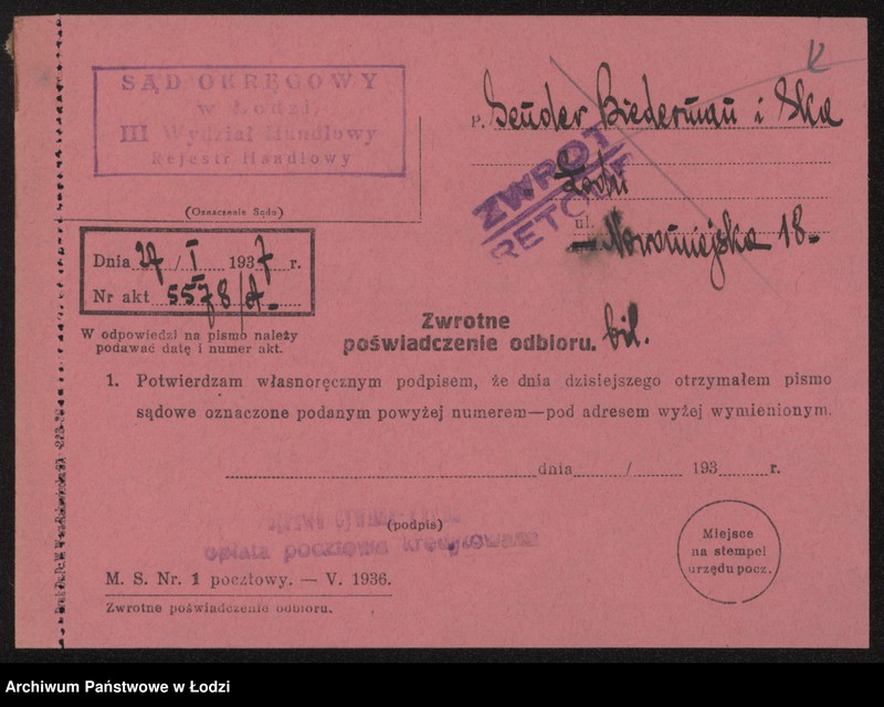 Obraz 14 z jednostki "Sender Biederman i S-ka- wyrób i sprzedaż towarów półwełnianych"