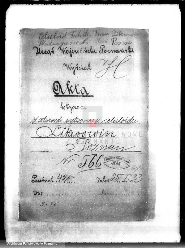 image.from.unit.number "Zatwierdzenie wytwórni z celuloidu Firmy "Likwowin" w Poznaniu nr 566"