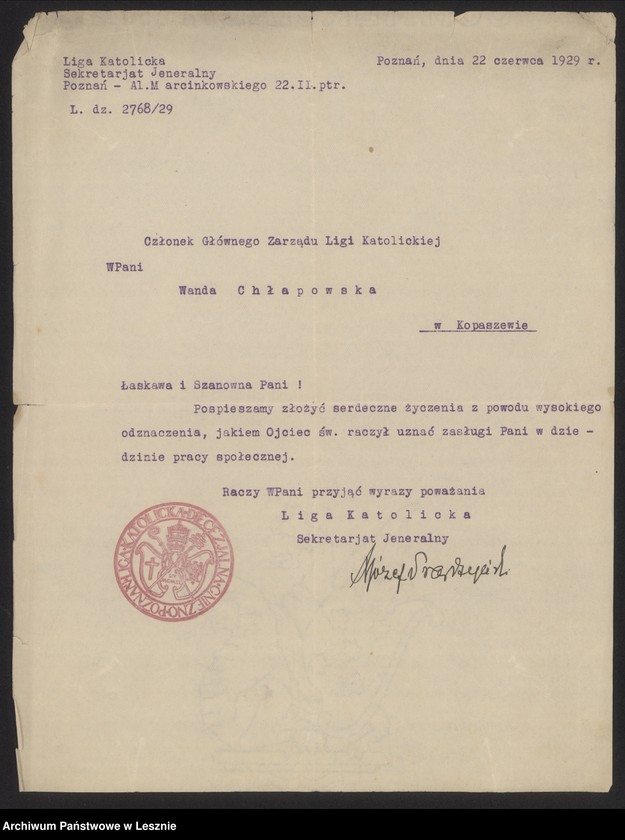 Obraz 2 z jednostki "Gratulacje Ligii Katolickiej dla Wandy Chłapowskiej z okazji otrzymania odznaczenia papieskiego"