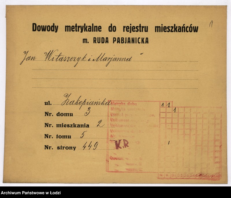 image.from.unit.number "Dokumenty do rejestru mieszkańców Rudy Pabianickiej. Witaszczyk Jan - Wróblewska Marianna"