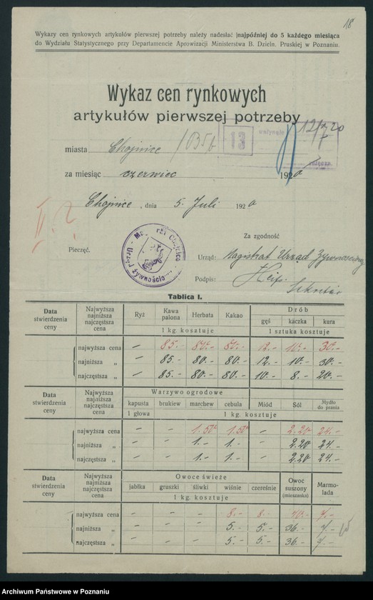 Obraz 17 z jednostki "[Wykaz cen rynkowych artykułów spożywczych w poszczególnych miastach Województwa Pomorskiego za miesiące czerwiec i lipiec 1920 roku]"
