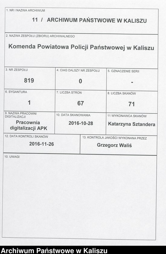 Obraz 1 z jednostki "[Sprawy organizacyjne Komendy Powiatowej Policji Państwowej w Kaliszu]"