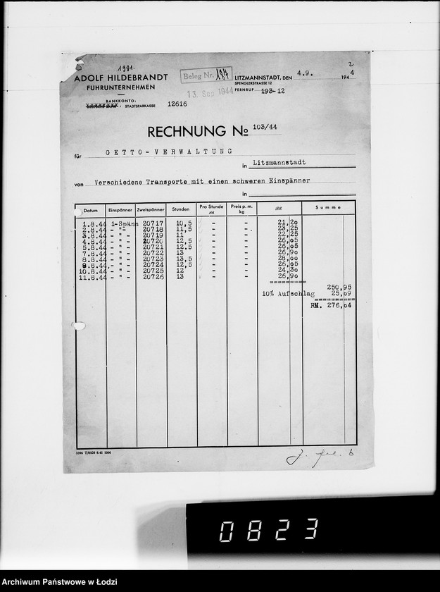 Obraz 6 z jednostki "Adolf Hildebrandt [rachunki za usługi transportowe dla Getta]"