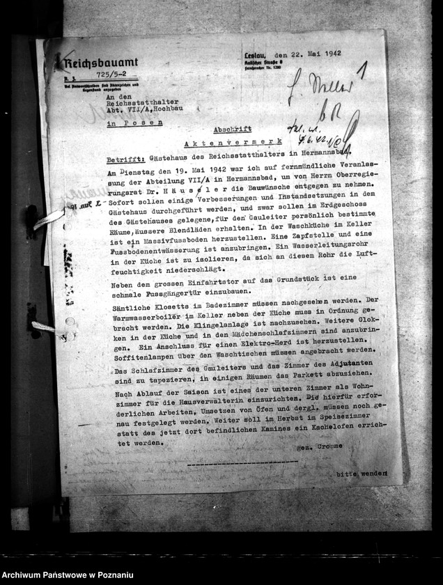 Obraz 5 z jednostki "Instandsetzungsarbeiten im Gästehaus des Gauleiters in Hermannsbad (Ciechocinek)"