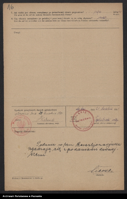 Obraz 14 z jednostki "[Kwestionariusze dotyczące stwierdzenia gruntów znajdujących się po polskiej stronie pogranicza a zarządzanych przez zamieszkałych po stronie niemieckiej] powiat chojnicki"