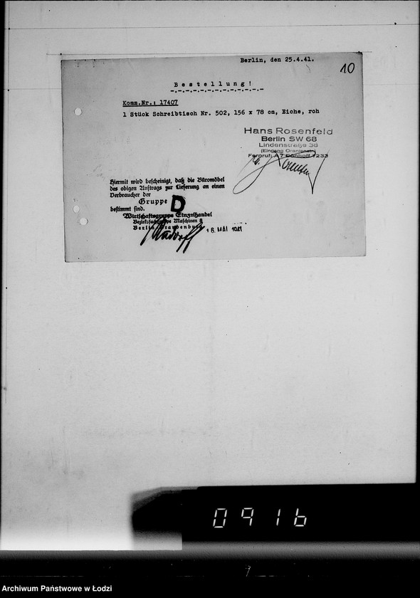 Obraz 14 z jednostki "Korrespondenz Firma Hans Rosenfeld-Büromebel mit Getto-Verwaltung betr.Büromebel"