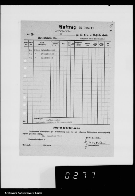 Obraz 18 z jednostki "Warenverwertung an den Ältesten der Juden Aufträge 5986-6000. [Odzież i wyroby kuśnierskie]"