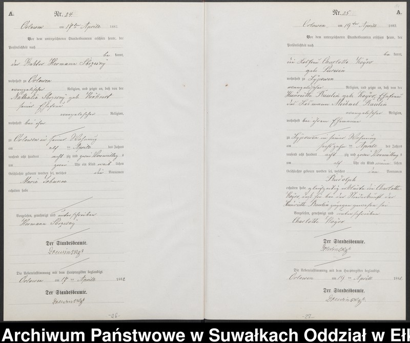 image.from.unit.number "Geburts-Neben-Register des Preussischen Standes-Amtes Orlowen Kreis Loetzen für das Jahr 1882"