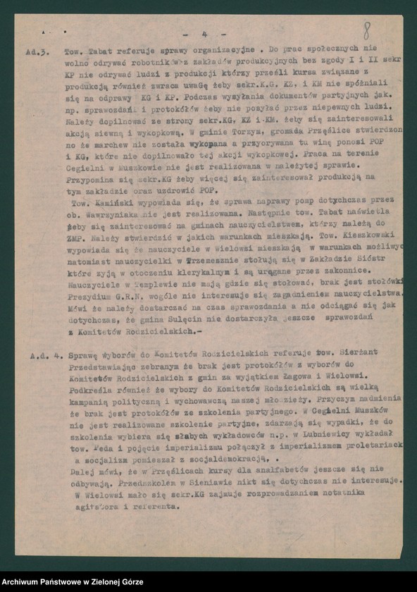 image.from.unit.number "Sektor organizacyjny i kadr: Działalność komitetów gminnych i gromadzkich w zakresie rolnictwa - oceny, analizy, sprawozdania i informacje Wydziału, komitetów powiatowych i pracowników KW "
